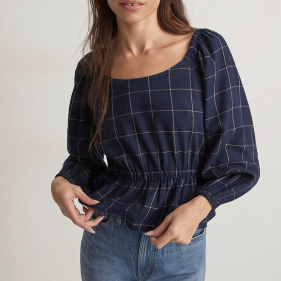 NEW Madewell Women Blouse XS Scoopneck Peplum‎ Navy Blue Windowpane - Picture 1 of 13